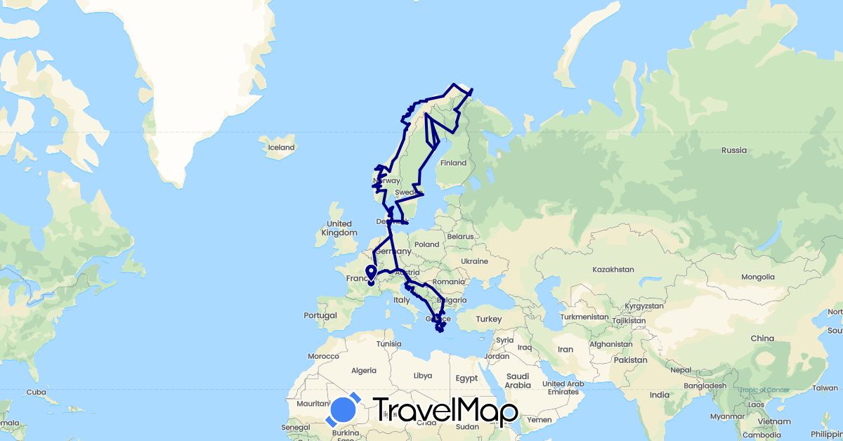 TravelMap itinerary: driving in Austria, Belgium, Bulgaria, Germany, Denmark, Finland, France, Greece, Croatia, Montenegro, Netherlands, Norway, Serbia, Sweden, Slovenia (Europe)